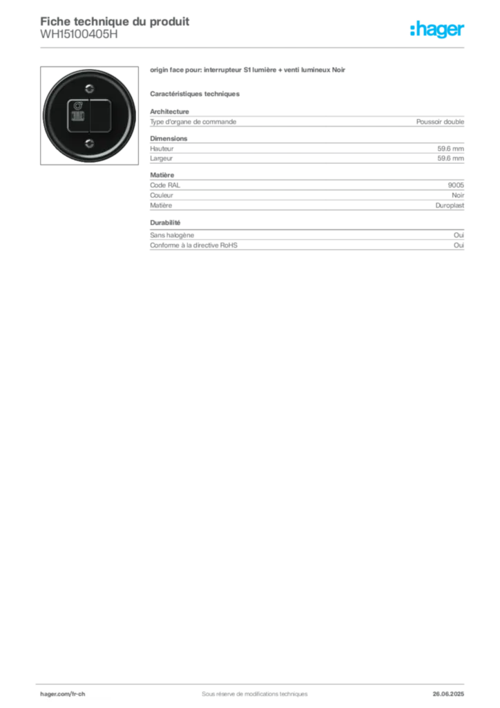 Image Hager Fiche technique du produit WH15100405H | Hager Suisse