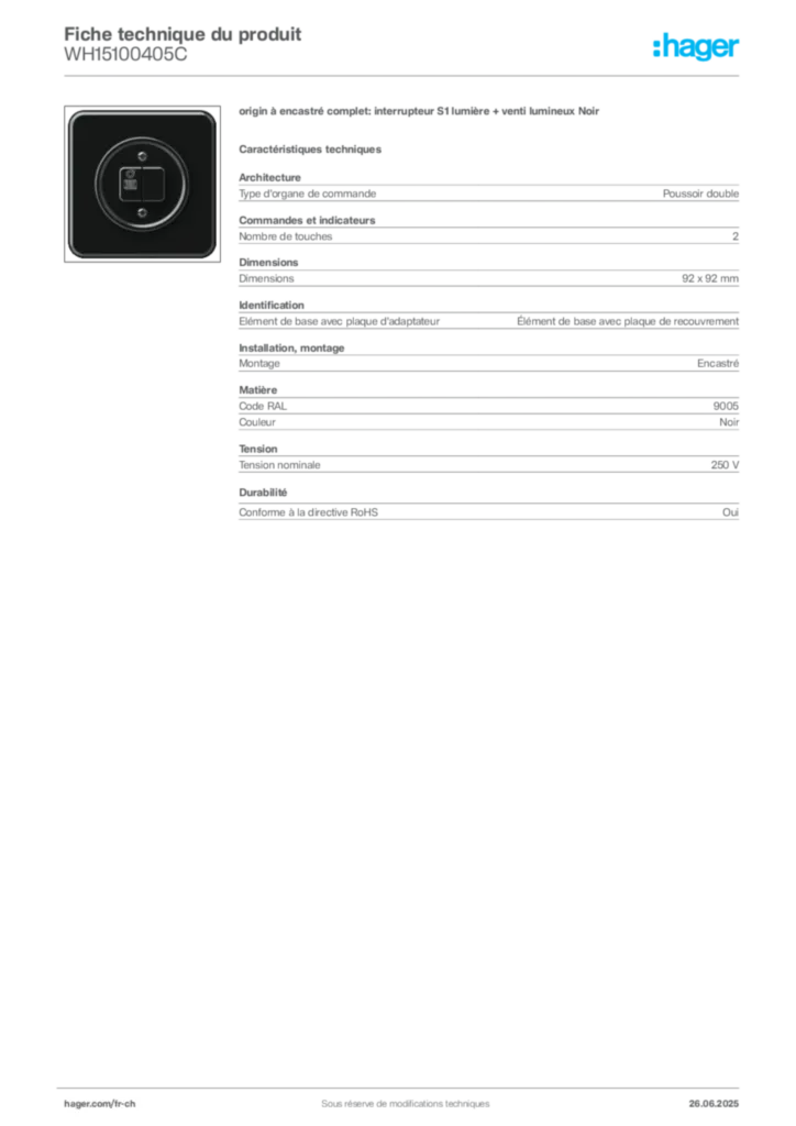 Image Hager Fiche technique du produit WH15100405C | Hager Suisse