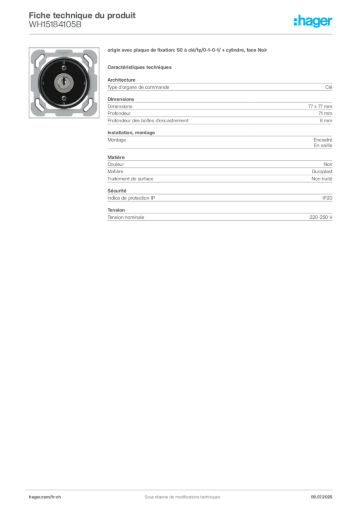 Image Hager Fiche technique du produit WH15184105B | Hager Suisse