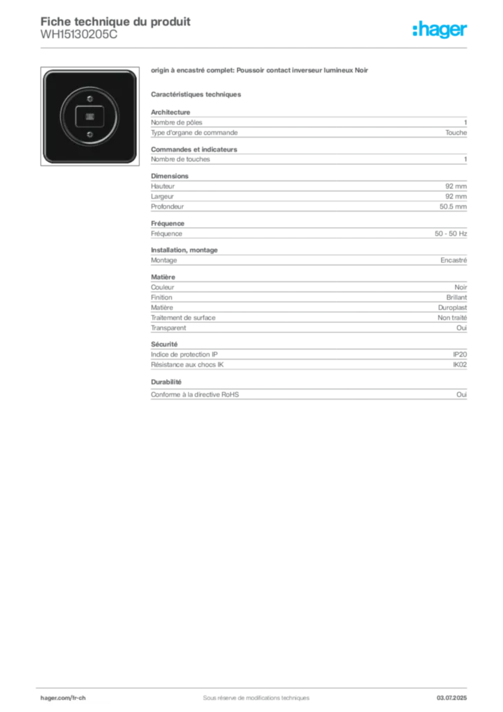 Image Hager Fiche technique du produit WH15130205C | Hager Suisse