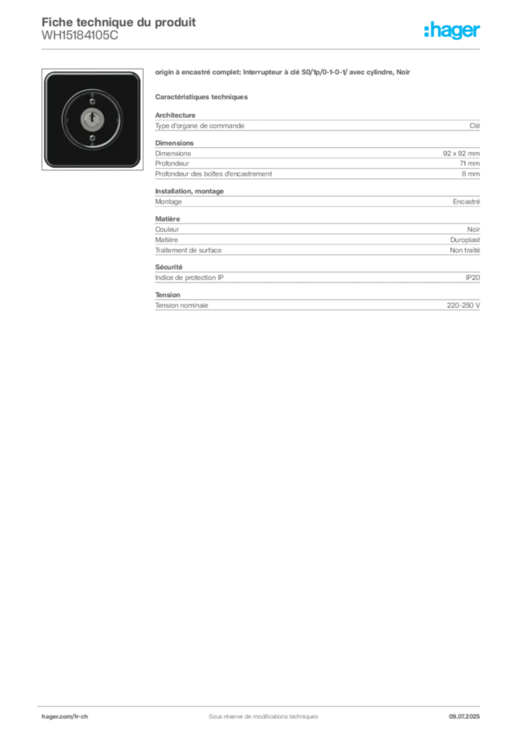 Image Hager Fiche technique du produit WH15184105C | Hager Suisse