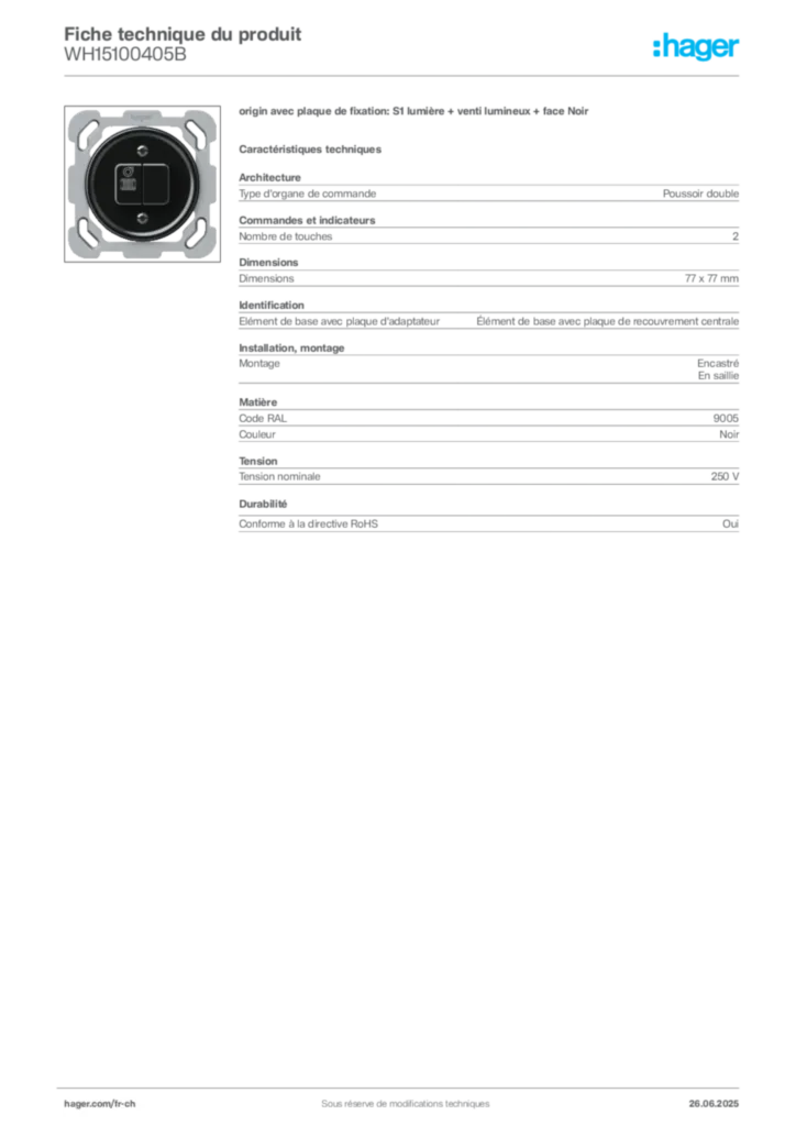 Image Hager Fiche technique du produit WH15100405B | Hager Suisse