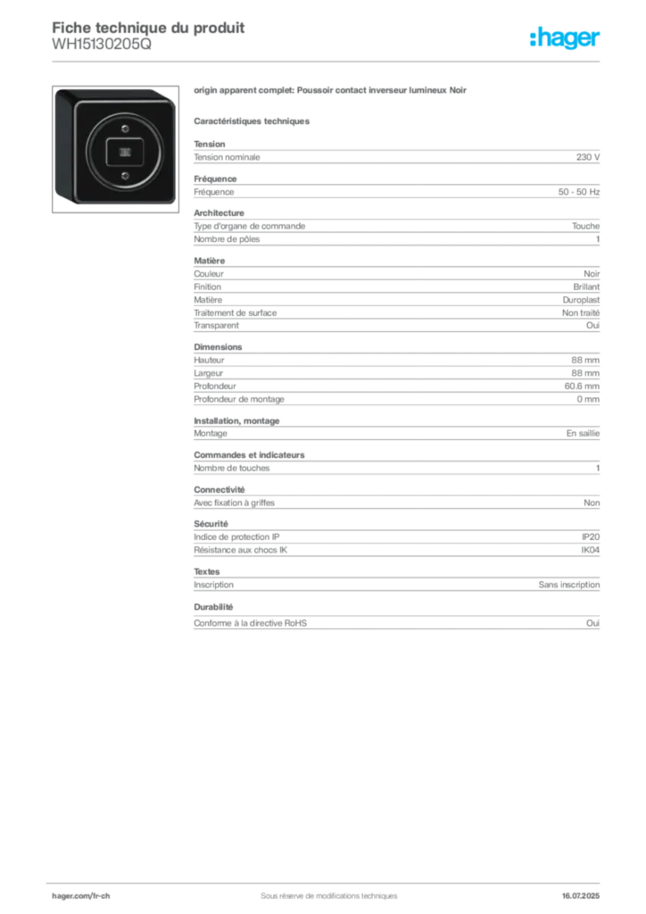 Image Hager Fiche technique du produit WH15130205Q | Hager Suisse