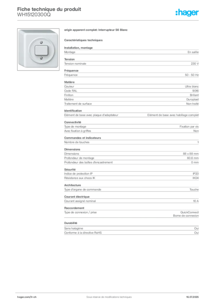 Image Hager Fiche technique du produit WH15120300Q | Hager Suisse