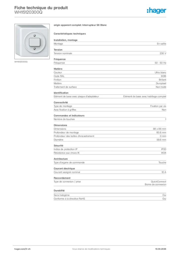 Image Hager Fiche technique du produit WH15120300Q | Hager Suisse