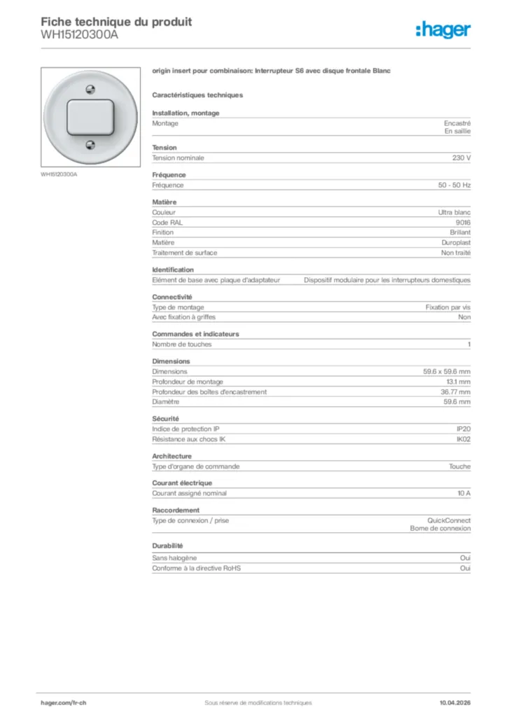 Image Hager Fiche technique du produit WH15120300A | Hager Suisse