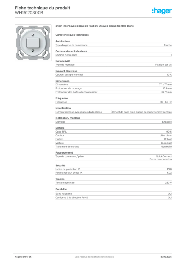 Image Hager Fiche technique du produit WH15120300B | Hager Suisse