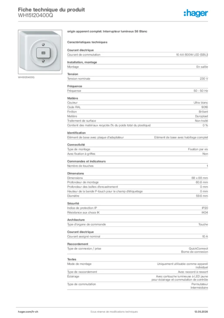 Image Hager Fiche technique du produit WH15120400Q | Hager Suisse