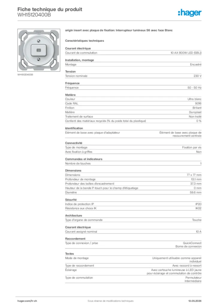 Image Hager Fiche technique du produit WH15120400B | Hager Suisse
