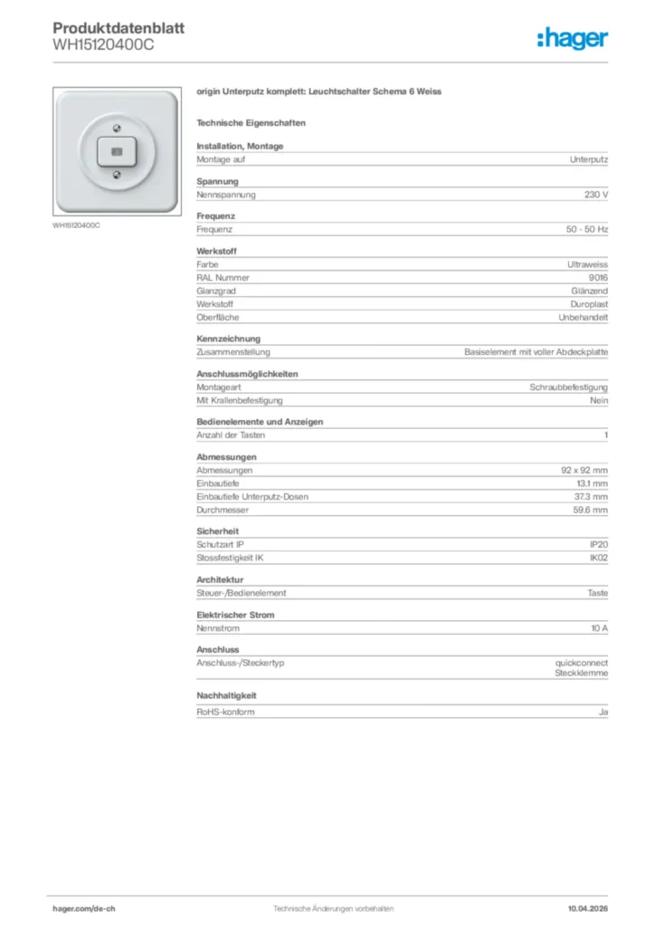 Bild Hager Produktdatenblatt WH15120400C | Hager Schweiz