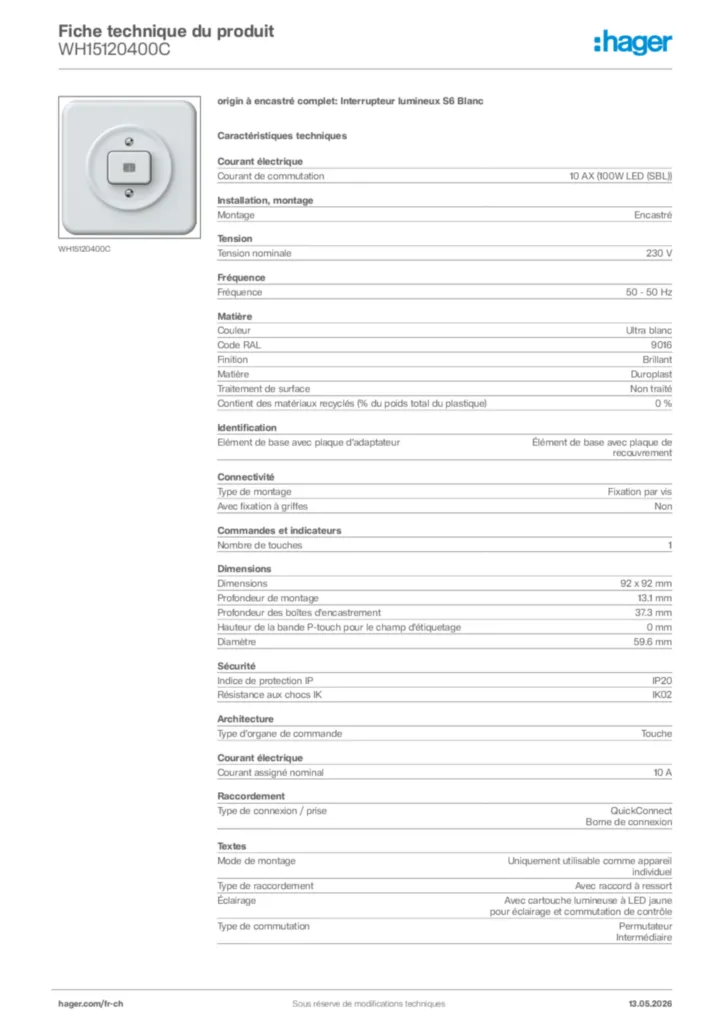 Image Hager Fiche technique du produit WH15120400C | Hager Suisse
