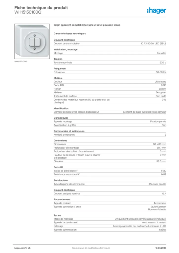 Image Hager Fiche technique du produit WH15150100Q | Hager Suisse