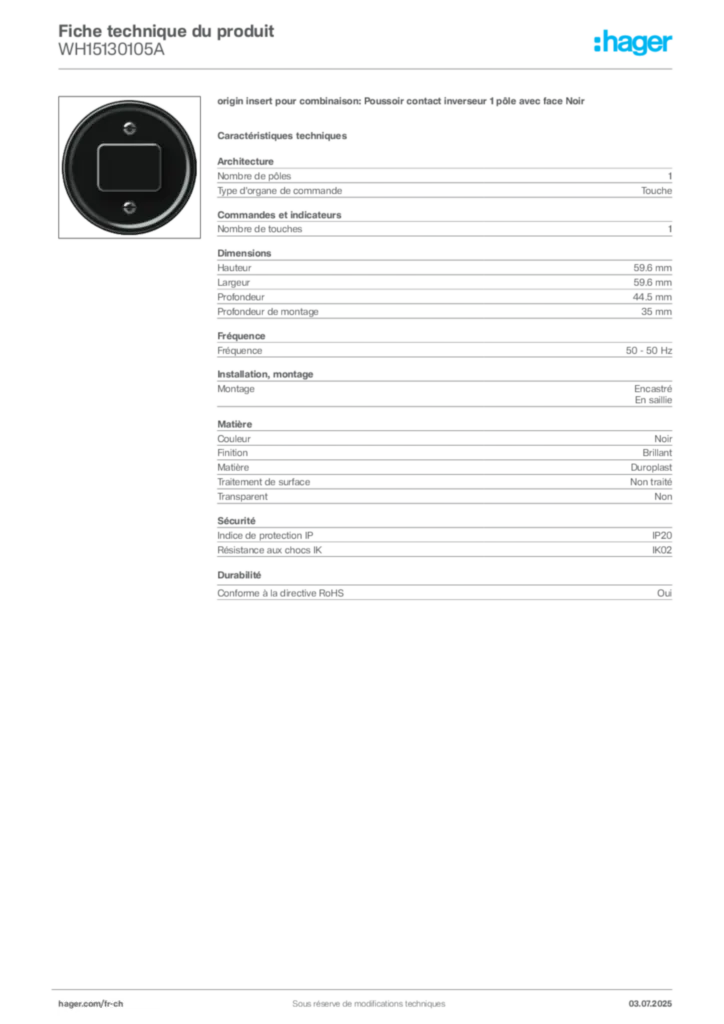 Image Hager Fiche technique du produit WH15130105A | Hager Suisse