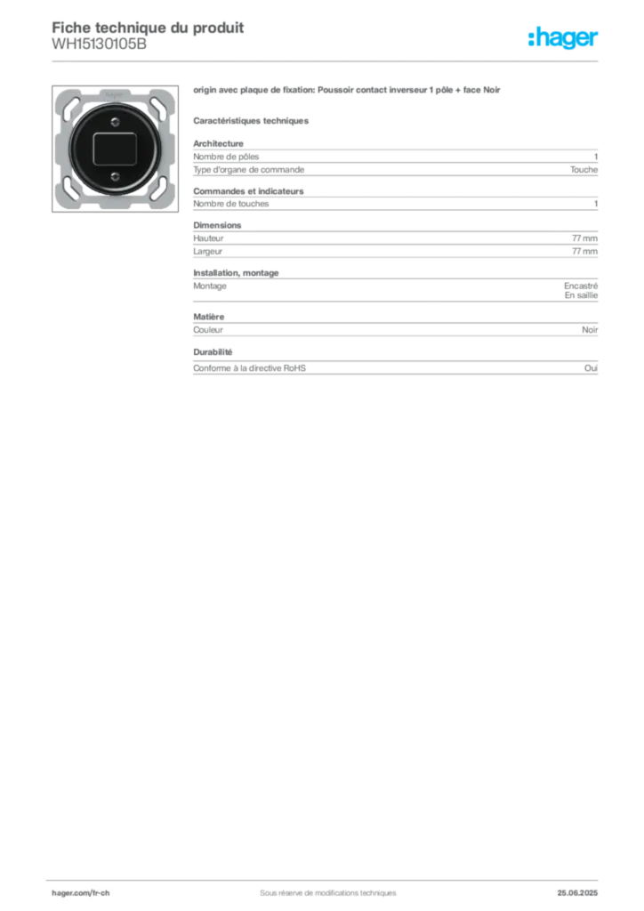 Image Hager Fiche technique du produit WH15130105B | Hager Suisse
