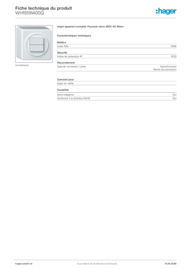 Image Hager Fiche technique du produit WH15191400Q | Hager Suisse