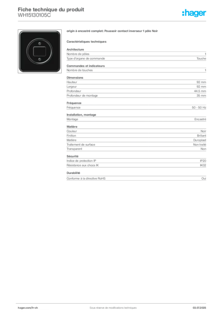 Image Hager Fiche technique du produit WH15130105C | Hager Suisse