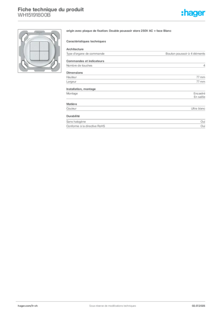 Image Hager Fiche technique du produit WH15191800B | Hager Suisse