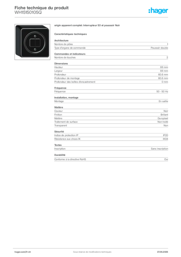 Image Hager Fiche technique du produit WH15150105Q | Hager Suisse