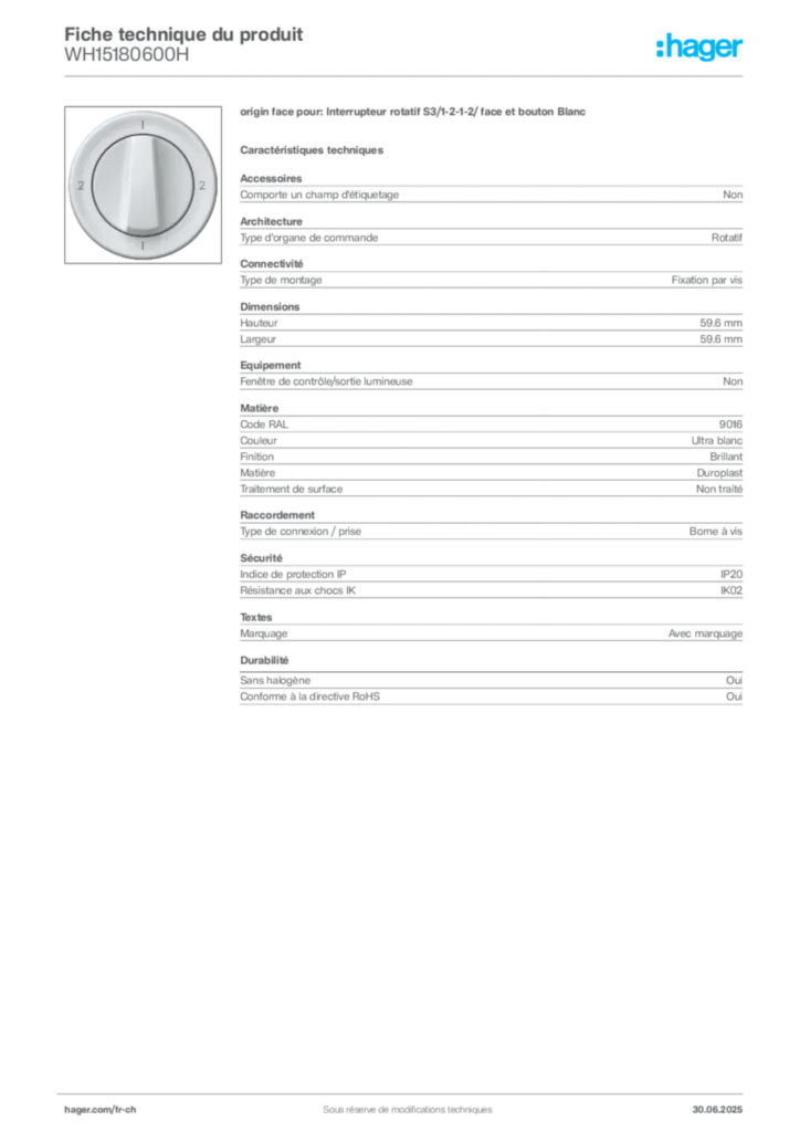 Image Hager Fiche technique du produit WH15180600H | Hager Suisse
