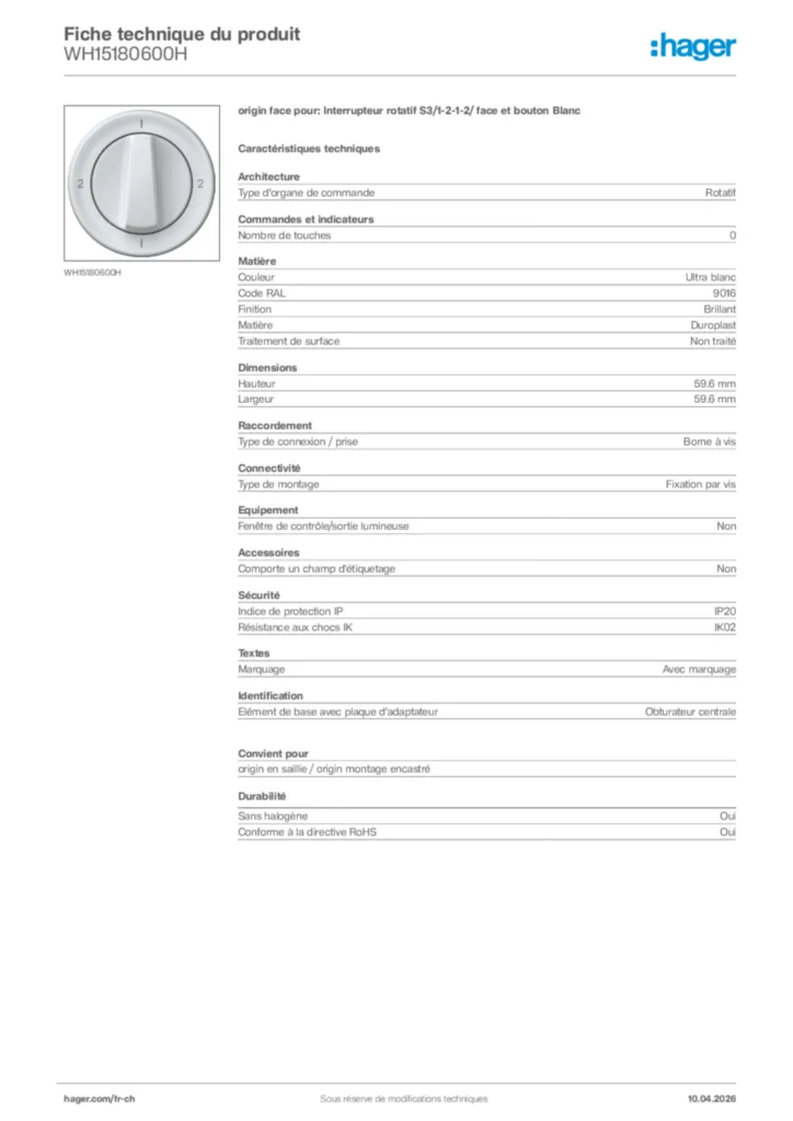 Image Hager Fiche technique du produit WH15180600H | Hager Suisse