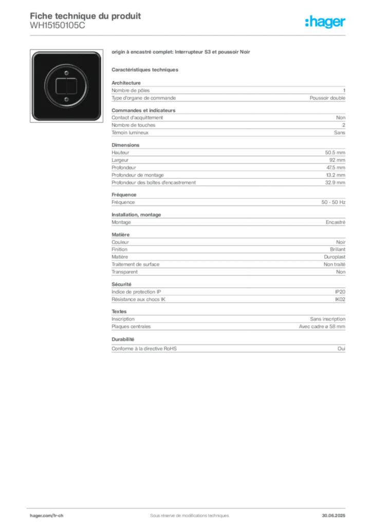 Image Hager Fiche technique du produit WH15150105C | Hager Suisse
