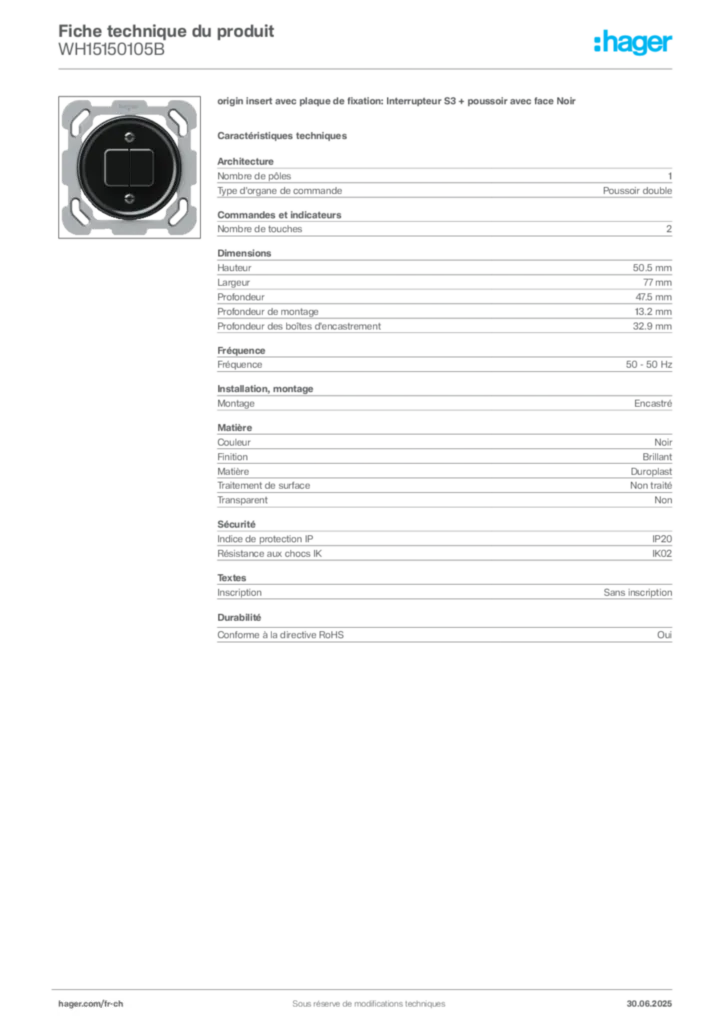 Image Hager Fiche technique du produit WH15150105B | Hager Suisse