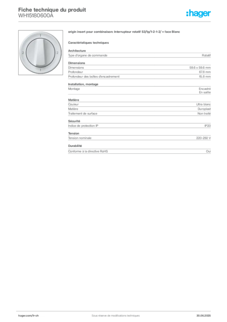 Image Hager Fiche technique du produit WH15180600A | Hager Suisse