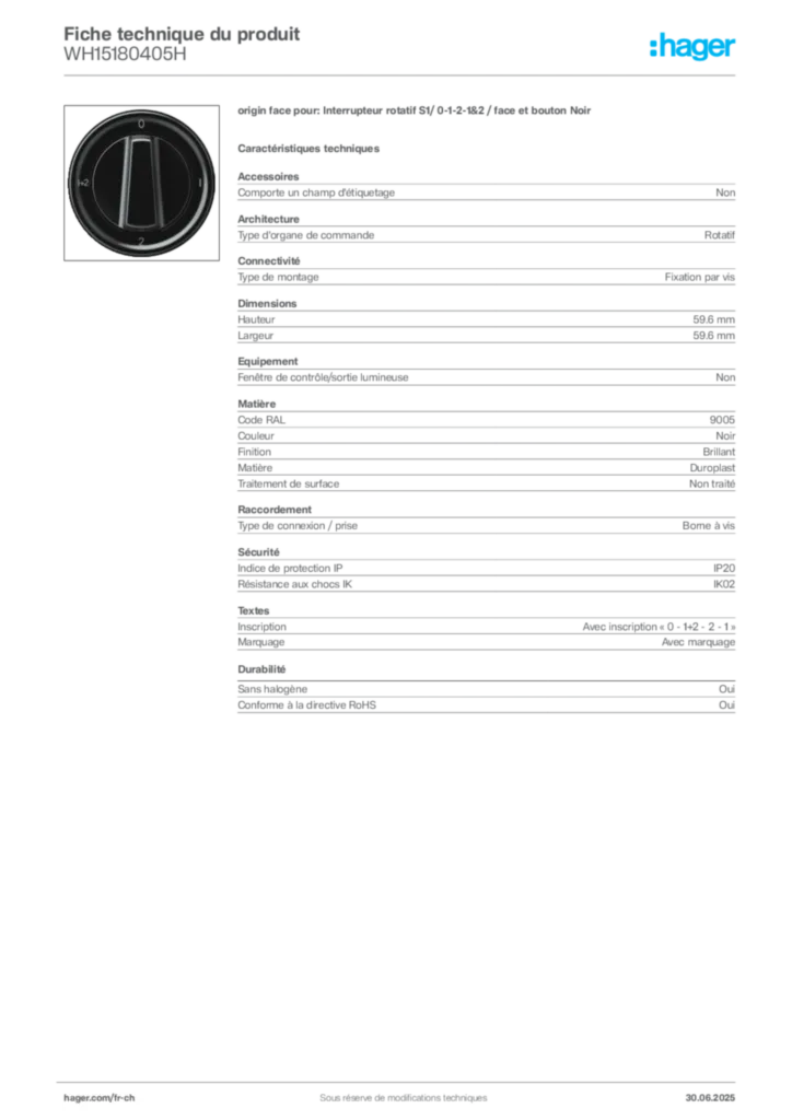 Image Hager Fiche technique du produit WH15180405H | Hager Suisse
