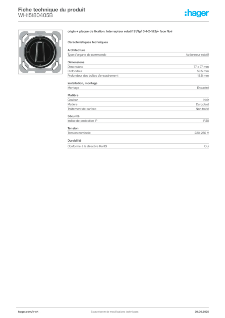 Image Hager Fiche technique du produit WH15180405B | Hager Suisse