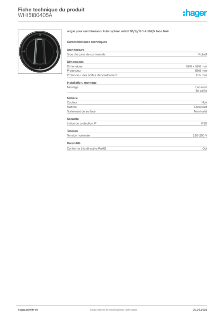 Image Hager Fiche technique du produit WH15180405A | Hager Suisse