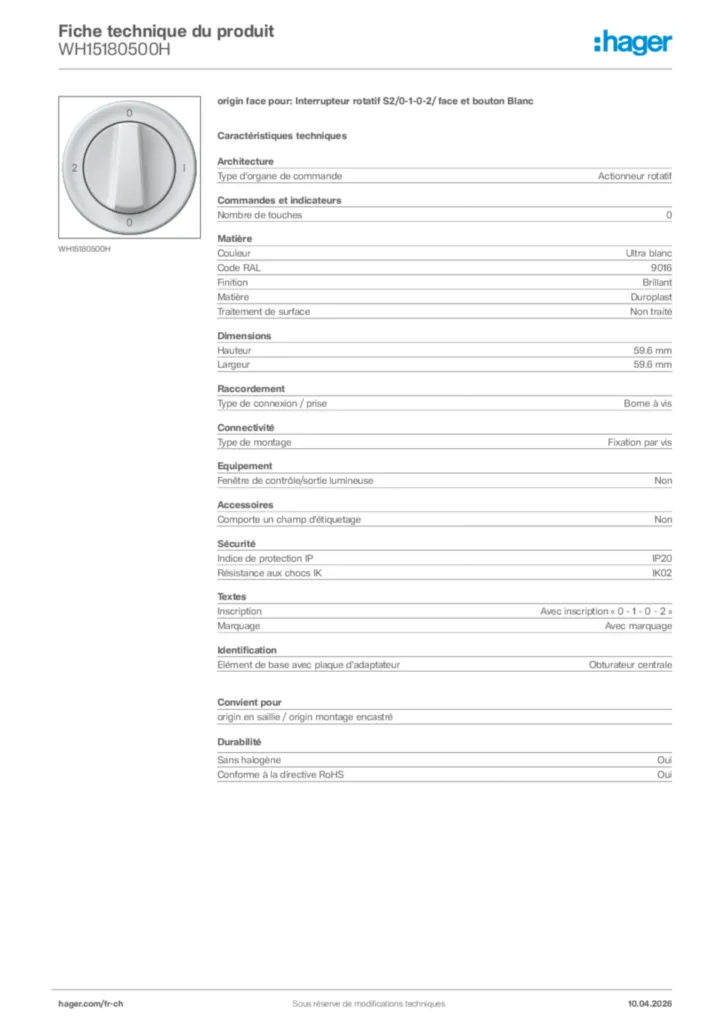 Image Hager Fiche technique du produit WH15180500H | Hager Suisse