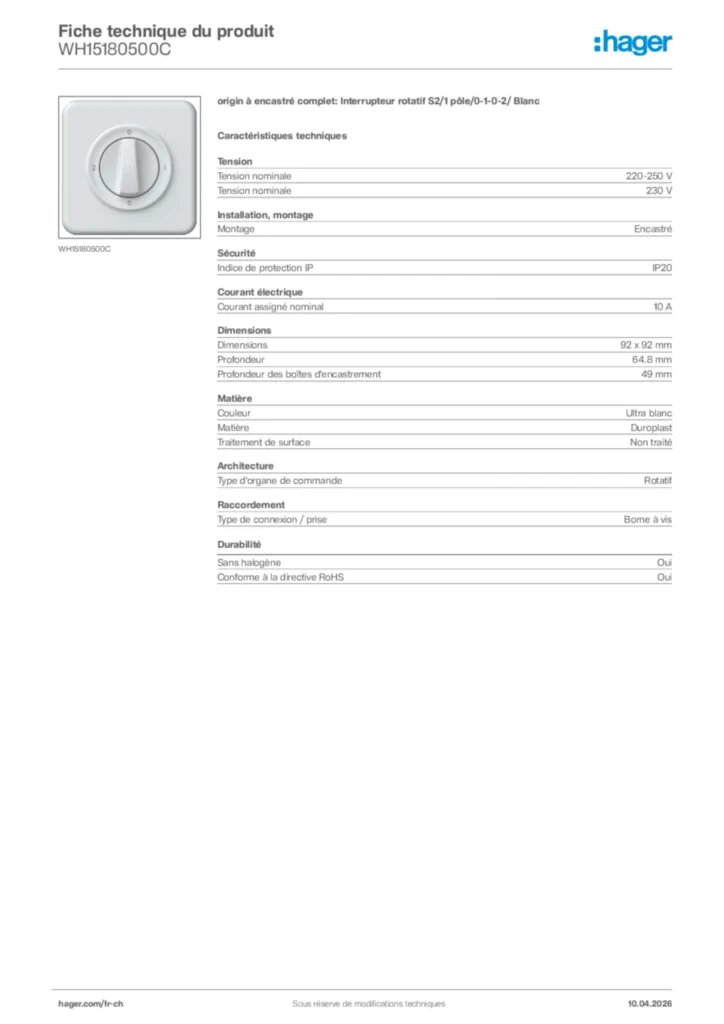 Image Hager Fiche technique du produit WH15180500C | Hager Suisse