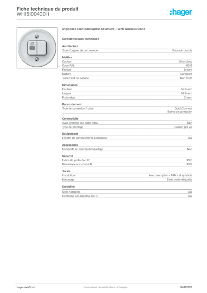 Image Hager Fiche technique du produit WH15100400H | Hager Suisse