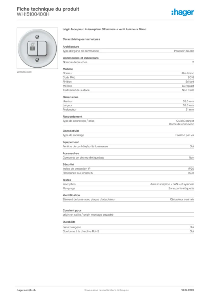 Image Hager Fiche technique du produit WH15100400H | Hager Suisse