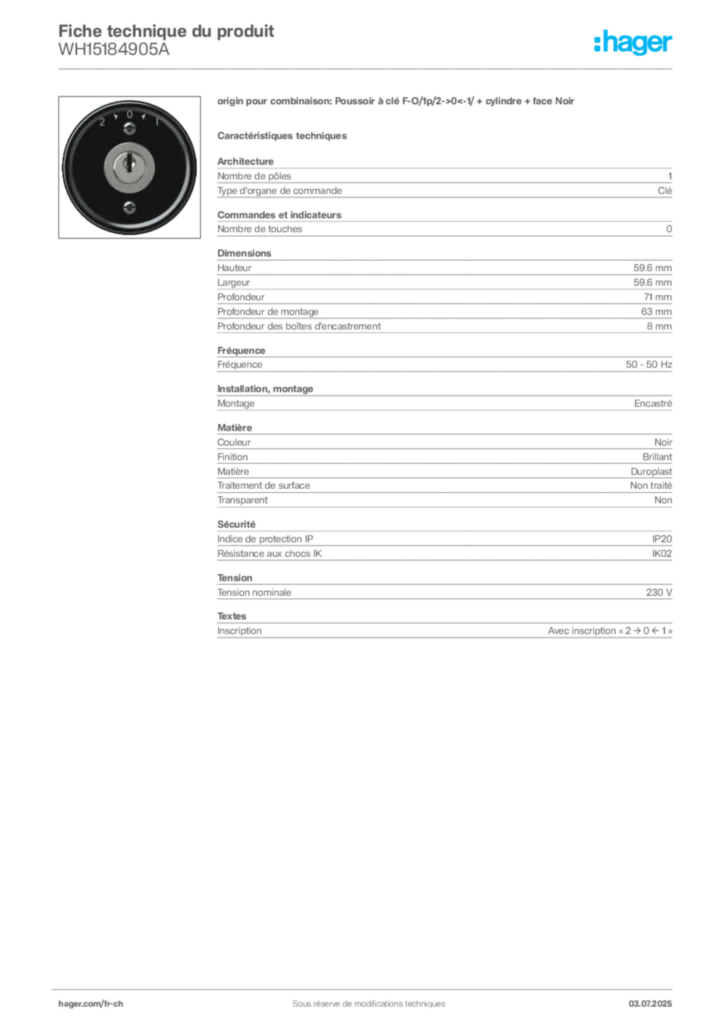 Image Hager Fiche technique du produit WH15184905A | Hager Suisse