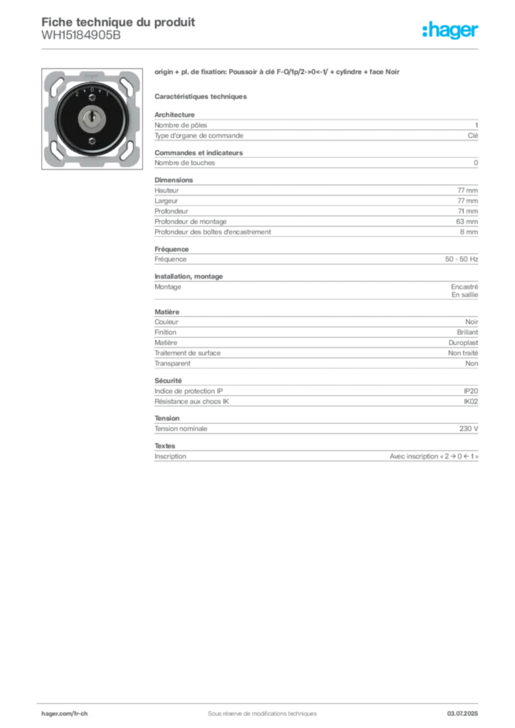 Image Hager Fiche technique du produit WH15184905B | Hager Suisse