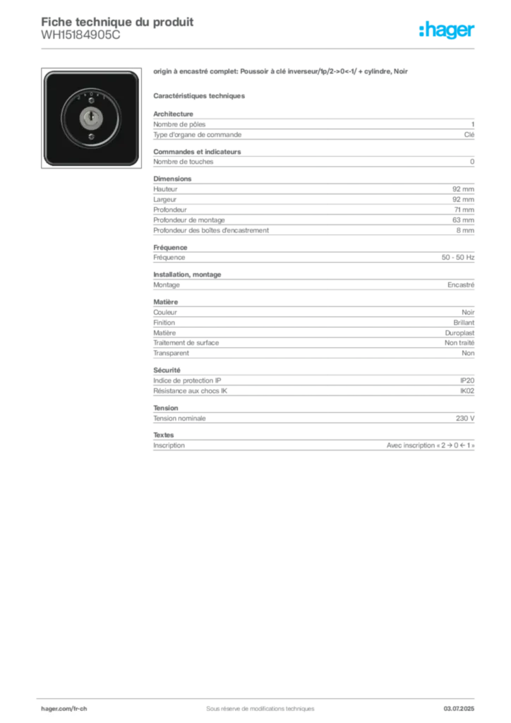 Image Hager Fiche technique du produit WH15184905C | Hager Suisse