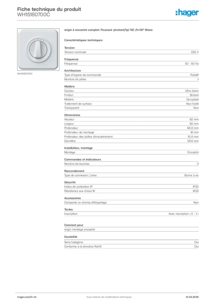 Image Hager Fiche technique du produit WH15180700C | Hager Suisse