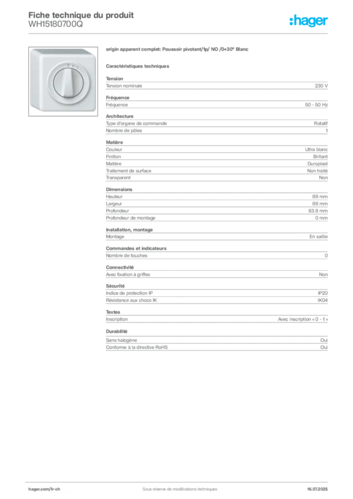 Image Hager Fiche technique du produit WH15180700Q | Hager Suisse