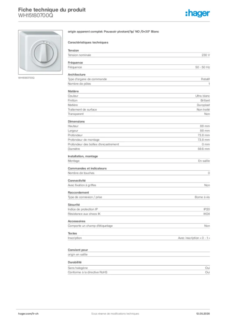 Image Hager Fiche technique du produit WH15180700Q | Hager Suisse