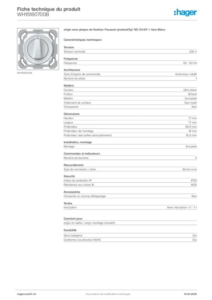 Image Hager Fiche technique du produit WH15180700B | Hager Suisse