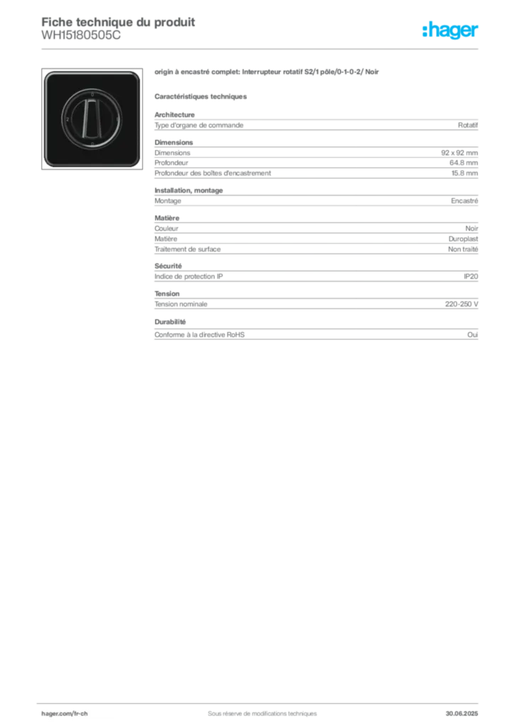 Image Hager Fiche technique du produit WH15180505C | Hager Suisse