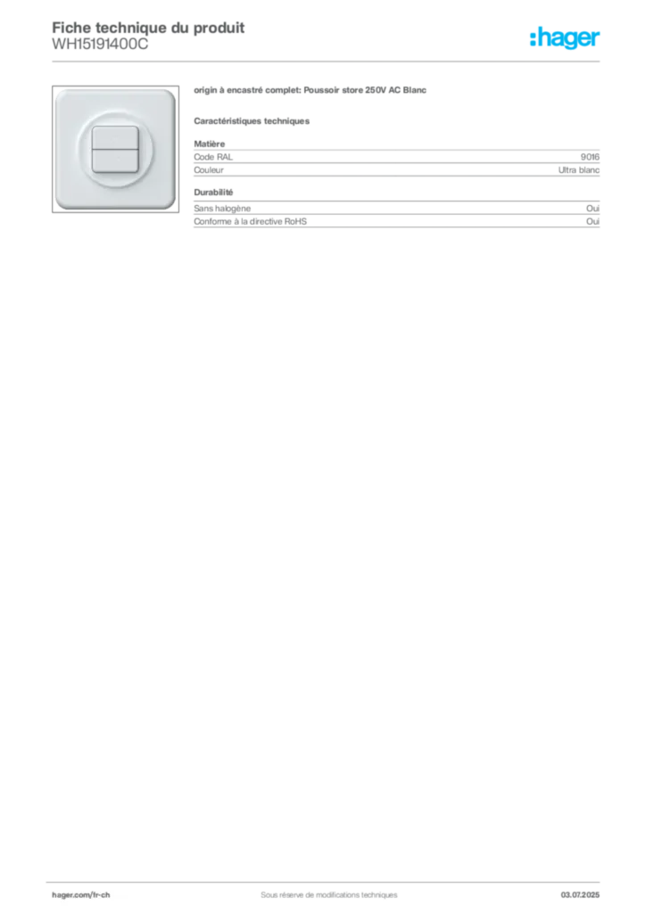 Image Hager Fiche technique du produit WH15191400C | Hager Suisse