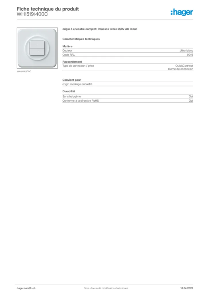 Image Hager Fiche technique du produit WH15191400C | Hager Suisse