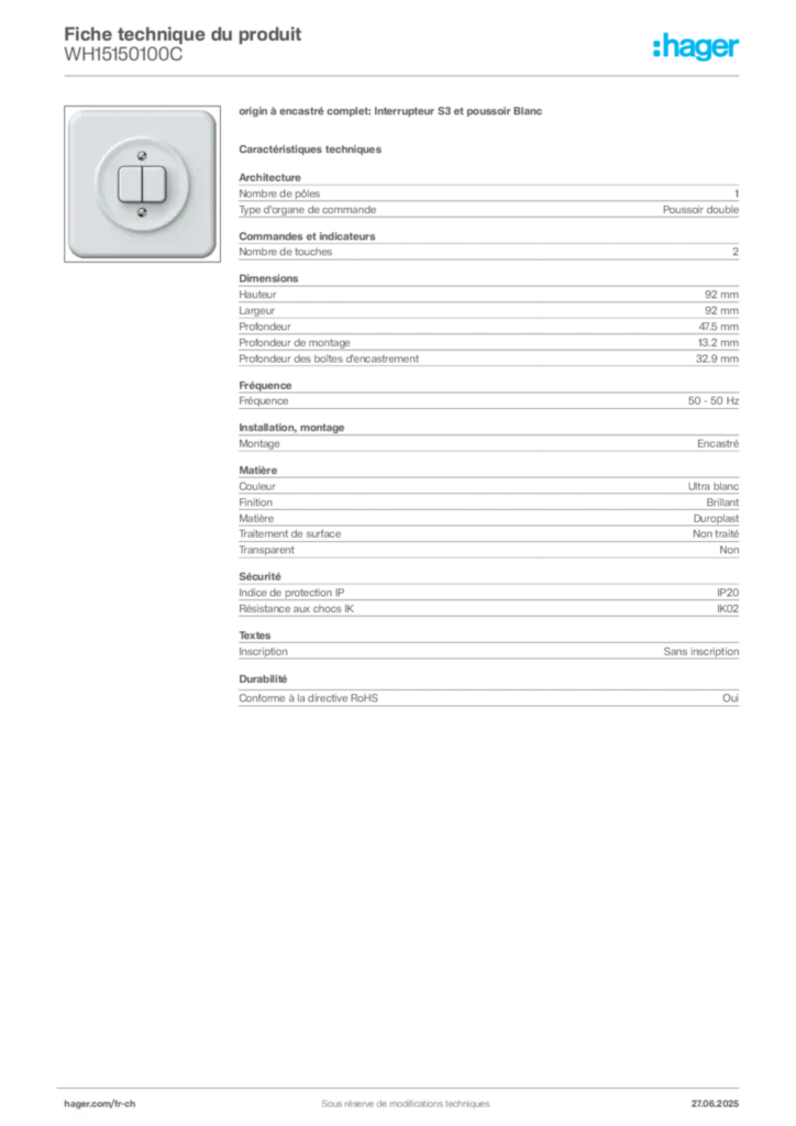 Image Hager Fiche technique du produit WH15150100C | Hager Suisse