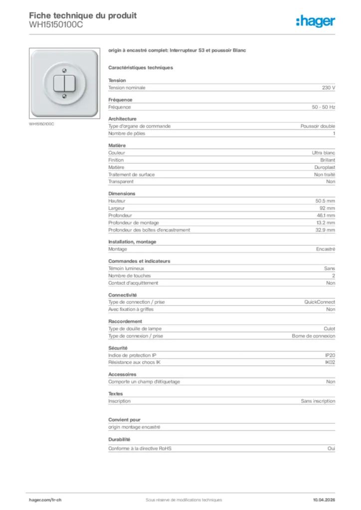 Image Hager Fiche technique du produit WH15150100C | Hager Suisse