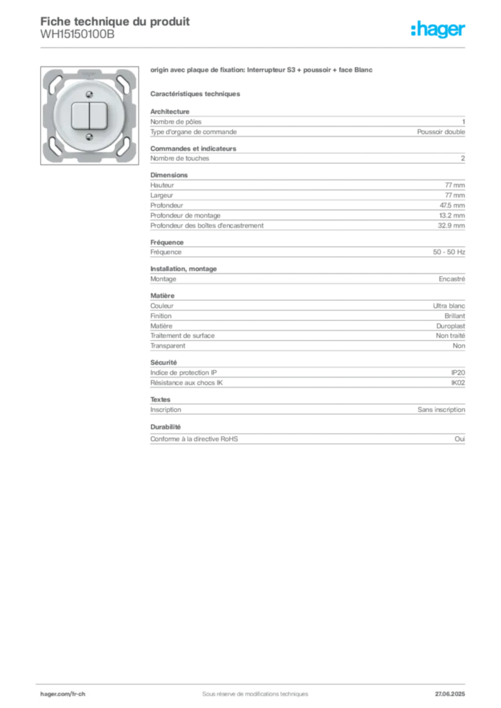Image Hager Fiche technique du produit WH15150100B | Hager Suisse