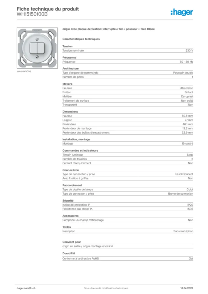 Image Hager Fiche technique du produit WH15150100B | Hager Suisse