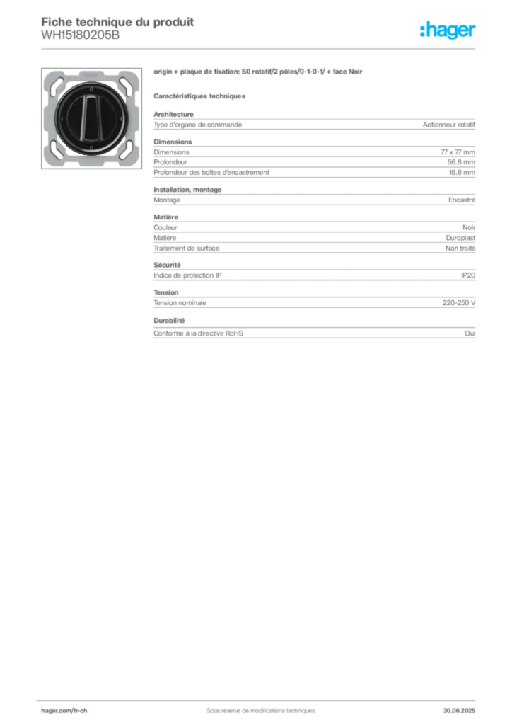Image Hager Fiche technique du produit WH15180205B | Hager Suisse