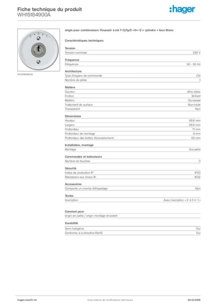 Image Hager Fiche technique du produit WH15184900A | Hager Suisse